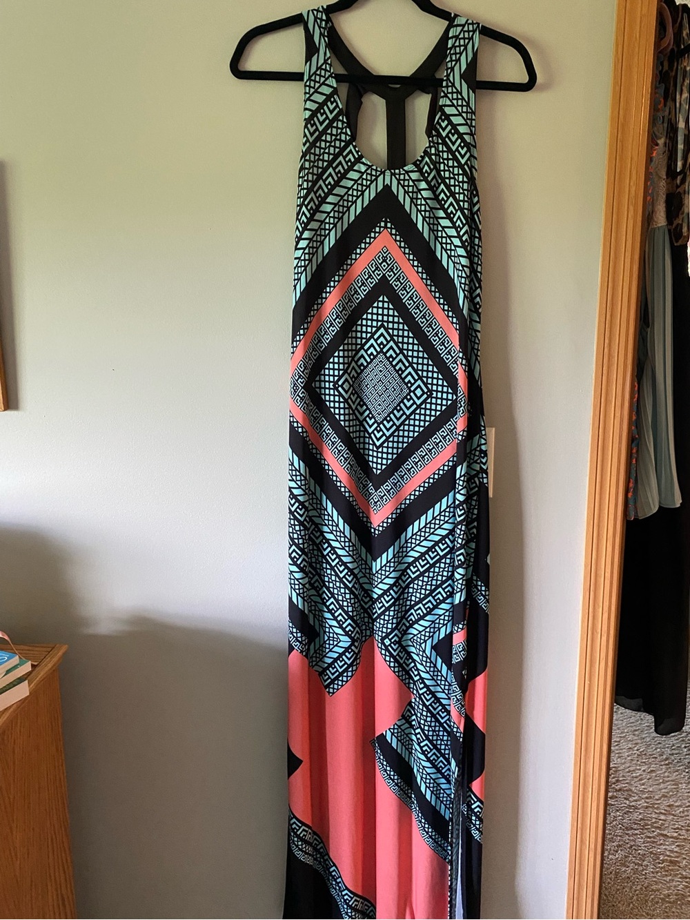 Geometric Print Maxi Dress in Coral and Aqua